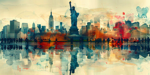 Sticker - Statue of Liberty and New York city. Double exposure, contemporary art