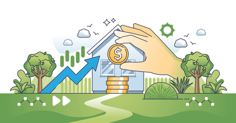 Real estate investment and house cost price growing outline hands concept, transparent background. Increasing residential property trading and sales illustration. Increased home purchase expenses.