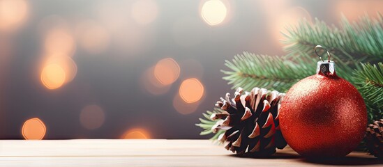 Poster - A festive Christmas background featuring a fir tree branch adorned with a Christmas ball and a cone on a wooden backdrop. with copy space image. Place for adding text or design