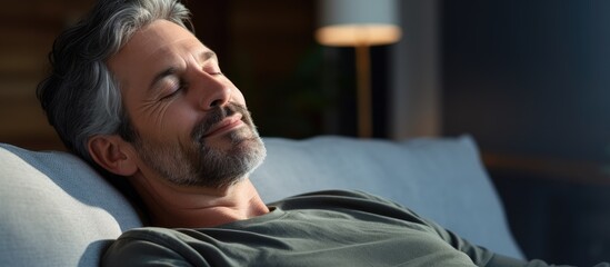 Poster - Middle aged man peacefully relaxing on the couch at home with his eyes closed finding solace after a long and difficult day He enjoys the tranquility during the lockdown captured in the copy space ima