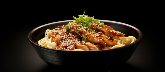 Aufkleber - Chicken udon noodles garnished with sesame seeds served in a bowl with a copy space image
