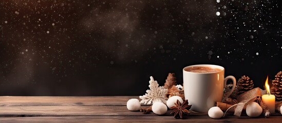 Aufkleber - A cozy Christmas and New Year holiday concept captured in a copy space image featuring a steaming cup of hot chocolate adorned with marshmallows cinnamon sticks and spruce branches