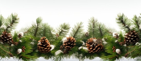 Poster - Christmas composition featuring spruce and fir branches forming a border This isolated white background image includes copy space for text making it suitable for use as a banner