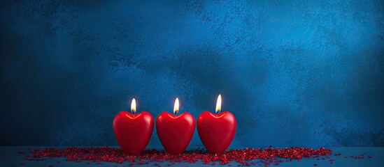 Poster - The blue background features three heart shaped candles and red figures creating a visually striking copy space image