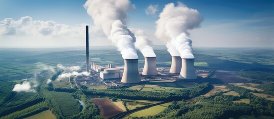 Poster - An aerial photograph showcases the Drax Power Station in North Yorkshire featuring smoking chimneys and cooling towers releasing CO2 into the atmosphere The image provides ample copy space