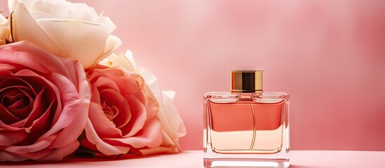 Poster - Close up copy space image of a pink and gold fragrance bottle placed on a rose colored paper background