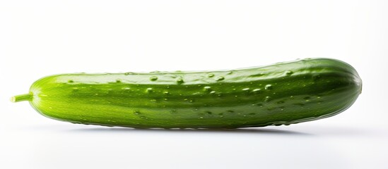 Poster - A cucumber is shown in a picture with a white background providing empty space for adding text. with copy space image. Place for adding text or design