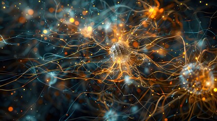 Poster -  An advanced Machine Learning algorithm visualized as a complex, glowing neural network, analyzing vast amounts of data in real-time