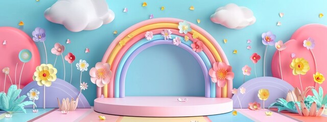 Pastel Rainbow Flower Scene with Platform