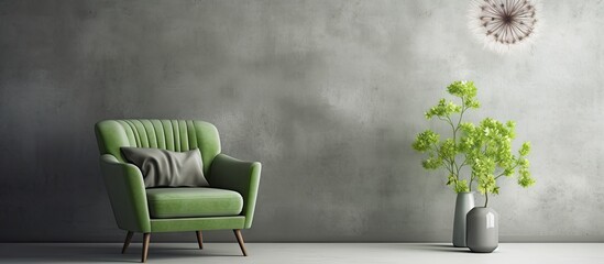 Leinwandbilder - A green armchair sits amidst a dandelion and a plant adding a touch of nature to the living room The interior features a copy space image and is complemented by a grey painting