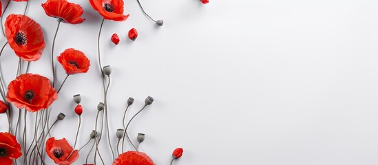Wall Mural - A top down view of a gray background adorned with red poppy flowers and a blank sheet of paper This holiday inspired image can be used for greeting cards invitations or as a mockup
