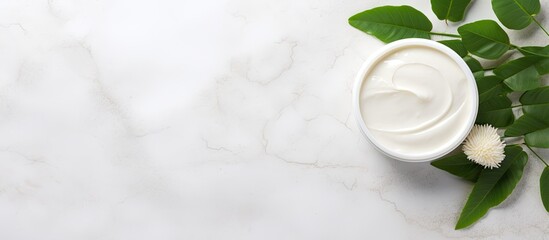 Aufkleber - Copy space image featuring natural cosmetics and green leaves on a white stone background representing the natural organic skincare bio research and healthy lifestyle concept
