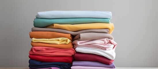 Poster - A pile of colorful cotton clothes neatly folded on a white table with an empty copy space for placement