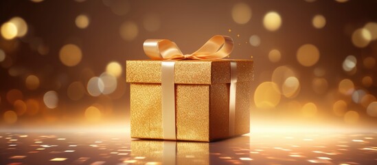 Fototapete - The image displays a gold gift box with the lid open set against a shimmering and sparkling background. with copy space image. Place for adding text or design