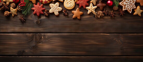 Poster - A festive assortment of Christmas and New Year s cookies beautifully arranged on a wooden background with a view from above and plenty of empty space for adding images or text. with copy space image