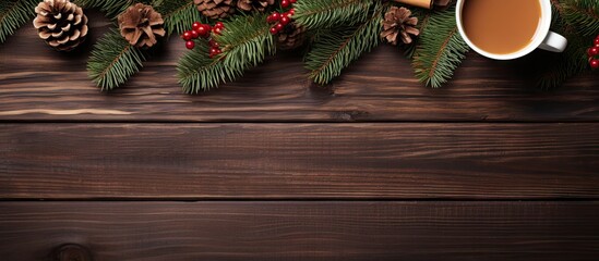Poster - A Christmas themed composition featuring spruce branches pinecones a cup of coffee with cookies on a wooden background Great for festive greetings or cards Includes copy space viewed from above