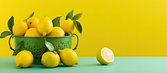 Poster - A fresh arrangement of bright yellow lemons rests in a white basket atop a light green backdrop offering a copy space image that symbolizes the arrival of spring and the importance of a healthy lifes