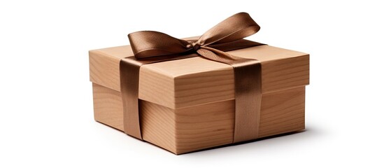 Poster - A hand cradling a wooden gift box set against a white backdrop adorned with a clipping path for easy removal. with copy space image. Place for adding text or design