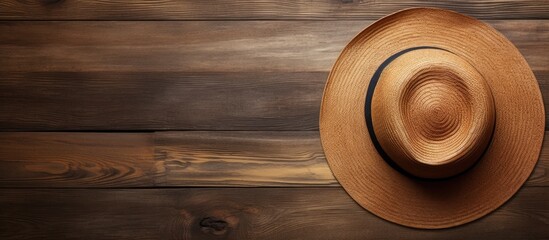 Aufkleber - The top view of a hat resting on a wooden surface with a copy space image