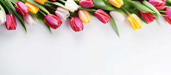 Poster - A flat lay banner featuring a beautiful bouquet of tulips on a white background capturing the essence of International Women s Day and the arrival of spring Ample copy space is provided for customizat