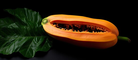 Canvas Print - A top down view of a ripe papaya fruit just cut and placed on a black background There is a green papaya leaf next to it providing a visually appealing copy space image