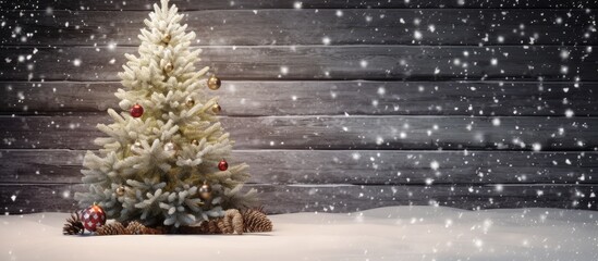 Poster - A festive Christmas fir tree covered in snow stands against a rustic wooden backdrop creating a charming copy space image