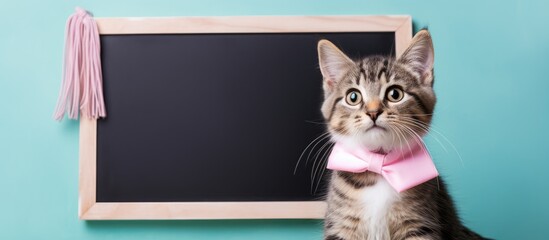 Poster - An adorable pet a cute tabby cat holding a blank whiteboard against an isolated pastel color background creating a playful and adorable copy space image