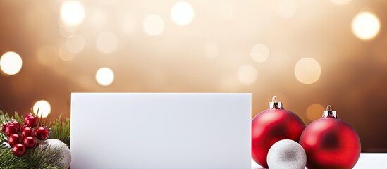 Poster - A festive arrangement of a blank card Christmas decorations and fir branches on a bright background suitable for incorporating copy space image