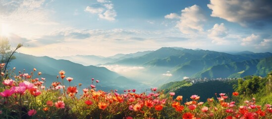 Aufkleber - In the picturesque Angkhang region vibrant flowers dot the landscape creating a stunning copy space image