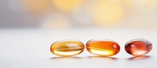 Poster - Close up high resolution copy space image of three Omega 3 capsules isolated on a white background surrounded by a multitude of other capsules on a blurred background This image conveys the concept o