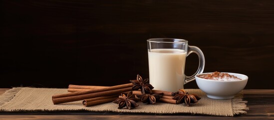 Poster - A copy space image of black tea with milk cane sugar cinnamon sticks and a sweet dessert arranged on a wooden table