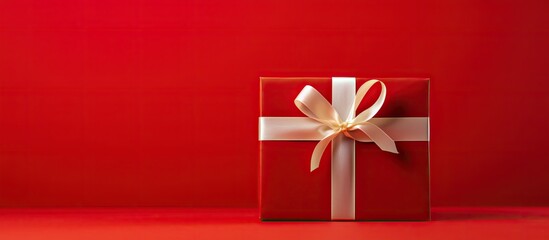 Aufkleber - A copy space image of a Christmas gift box against a bright red background