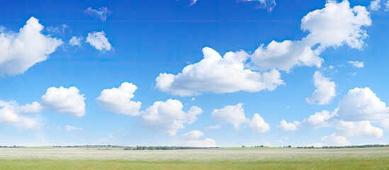 Poster - A peaceful summer scene with a clear blue sky adorned by fluffy white clouds offering plenty of space for text or images. with copy space image. Place for adding text or design