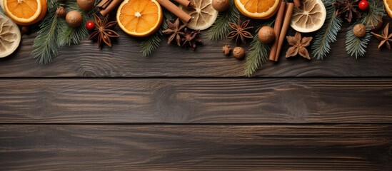 Poster - A festive Christmas greeting card featuring elements like fir branches wooden jingle bell baubles handmade straw decorations and dried orange slices It provides a copy space area for additional conte