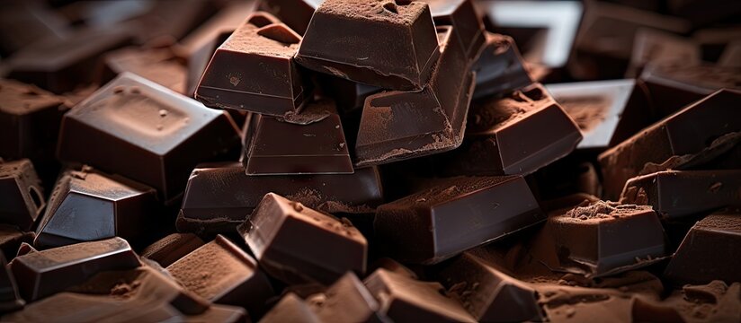 A detailed macro photograph capturing a close up image of chocolate pieces with ample space for text or graphics