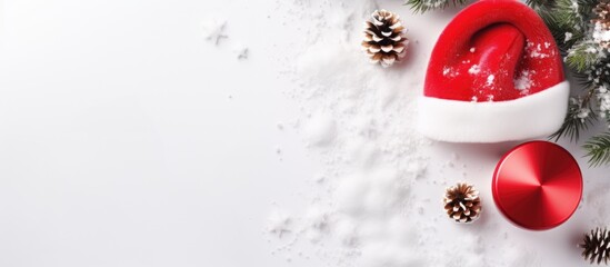 Poster - A festive flat lay composition featuring decorative cosmetic products and a Santa hat on a light background Emphasizing winter care the image represents the concept of beauty and fashion