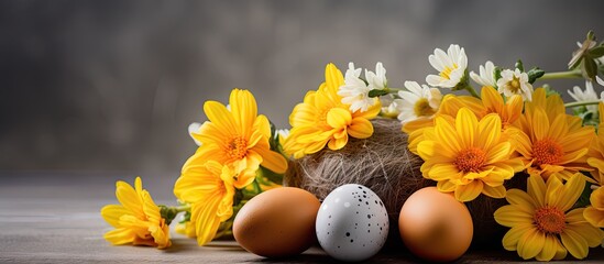 Poster - A copy space image depicting the essence of spring and Easter featuring a delightful arrangement of brown eggs and a vibrant yellow flower