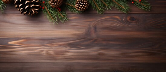 Poster - A festive Christmas background featuring a fir tree branch adorned with a Christmas ball and a cone on a wooden backdrop. with copy space image. Place for adding text or design