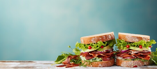 Wall Mural - A breakfast and lunch concept is portrayed in the copy space image of a delicious and nutritious bread sandwich with ham lettuce and dried tomato on a table The flat lay background enhances the visua