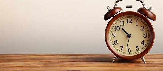 Poster - On a white background an old brown wooden desk showcases a closeup of an alarm clock indicating half past eight providing ample copy space for text or images