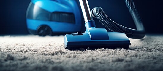 Poster - A close up copy space image of a vacuum cleaner cleaning a carpet on a blue background