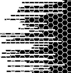 Wall Mural - Dispersed background. Disintegration pixel effect illustration. Vector hexagon elements. Disappear transform hexagon texture. Dissolved filled. Vector graphic.