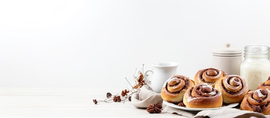 Poster - A homemade recipe for sweet and traditional cinnamon rolls with raw dough preparation The food ingredients are beautifully arranged on a white table creating a copy space image