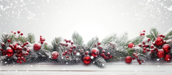 Poster - A festive display of decorated Christmas branches arranged against a white wooden backdrop providing ample copy space for images