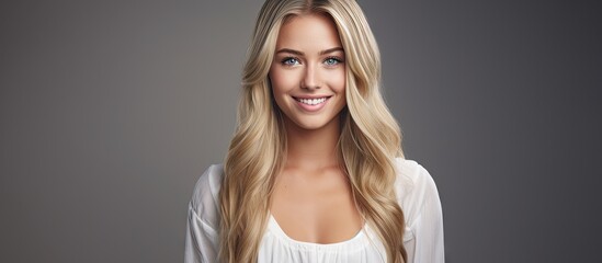 Poster - An attractive female student with stunning blue eyes long blonde hair and a genuine smile poses in casual attire against a studio backdrop providing ample space for copy