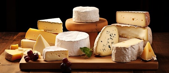 Poster - A collection of French cheeses on a wooden board with ample room for additional text or images in the background