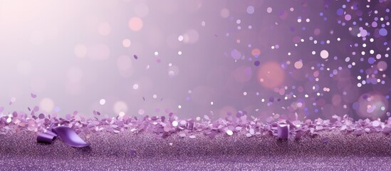 Copy space image with a lilac festive background adorned with sequins featuring cheerful inscriptions wishing a happy new year and merry Christmas providing delightful holiday content