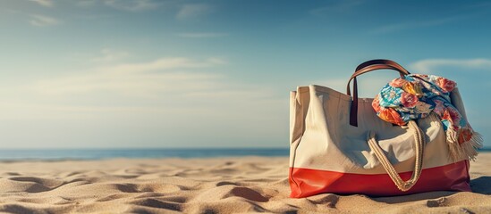 Poster - Light background copy space image of a beach bag filled with clothes perfect for a day at the beach