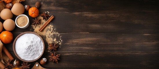 Poster - A copy space image featuring the essential ingredients for making pumpkin pie or cookies including cinnamon flour eggs a whisk and a rolling pin arranged on a dark wooden table alongside a frame for a