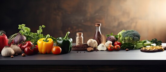 Poster - Close up of a modern kitchen interior background with a cutting board featuring a copy space image and vegetables being cooked